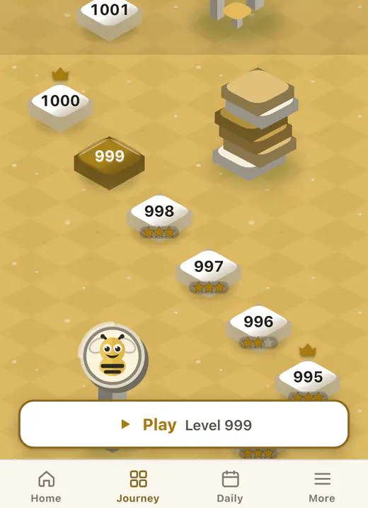 The journey: numbered stepping stones winding up a honey-coloured landscape past a beehive, with a Play button for level 999.