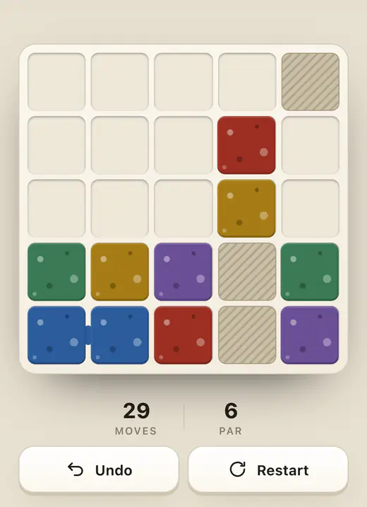 A Quick Play board part-way through a solve, twenty-nine moves made against a par of six.